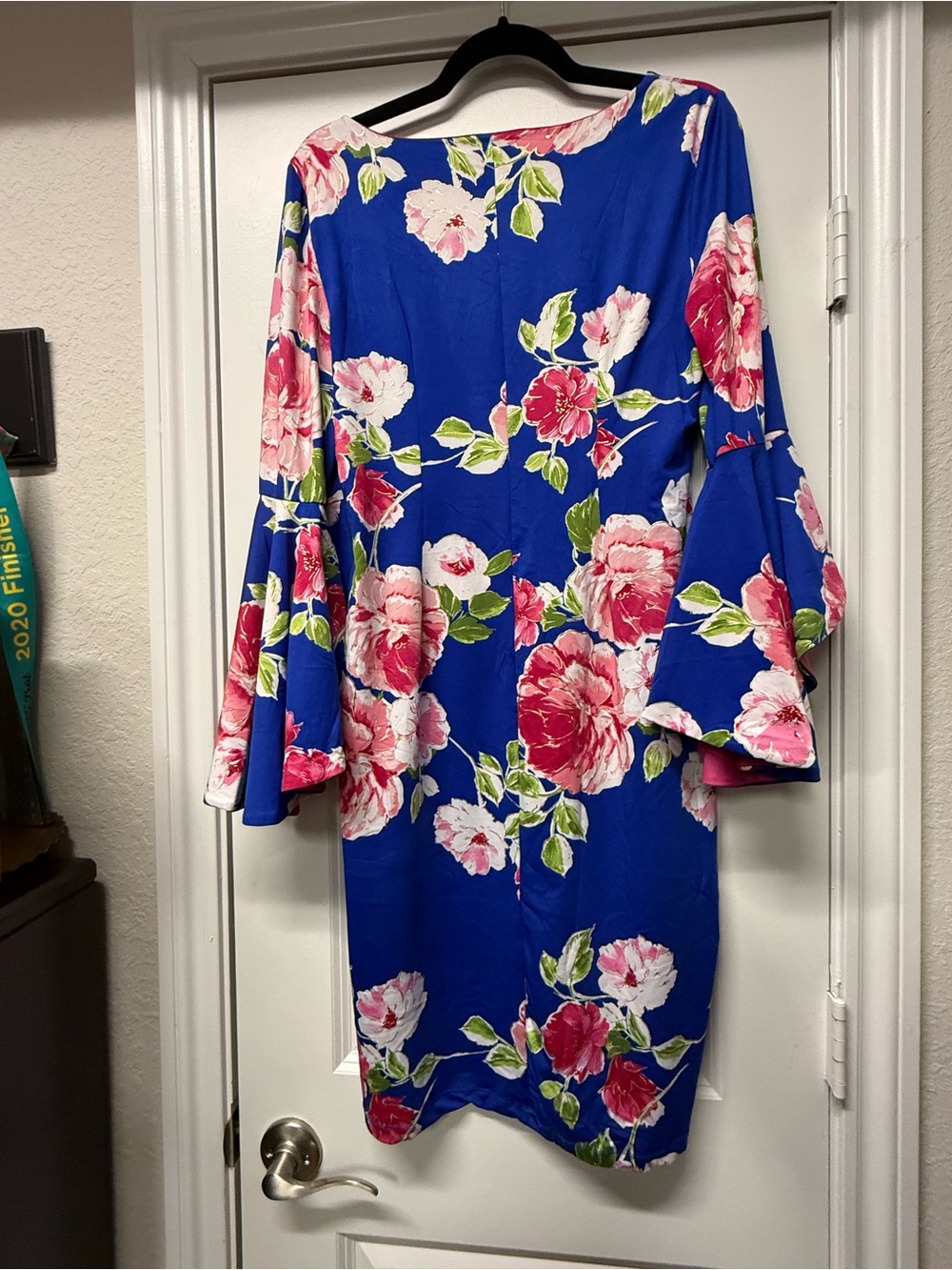 Shelby & Palmer Floral Dress 🌸 Blue Pink Gold Detail Bell Sleeve Size 10 - Picture 7 of 7